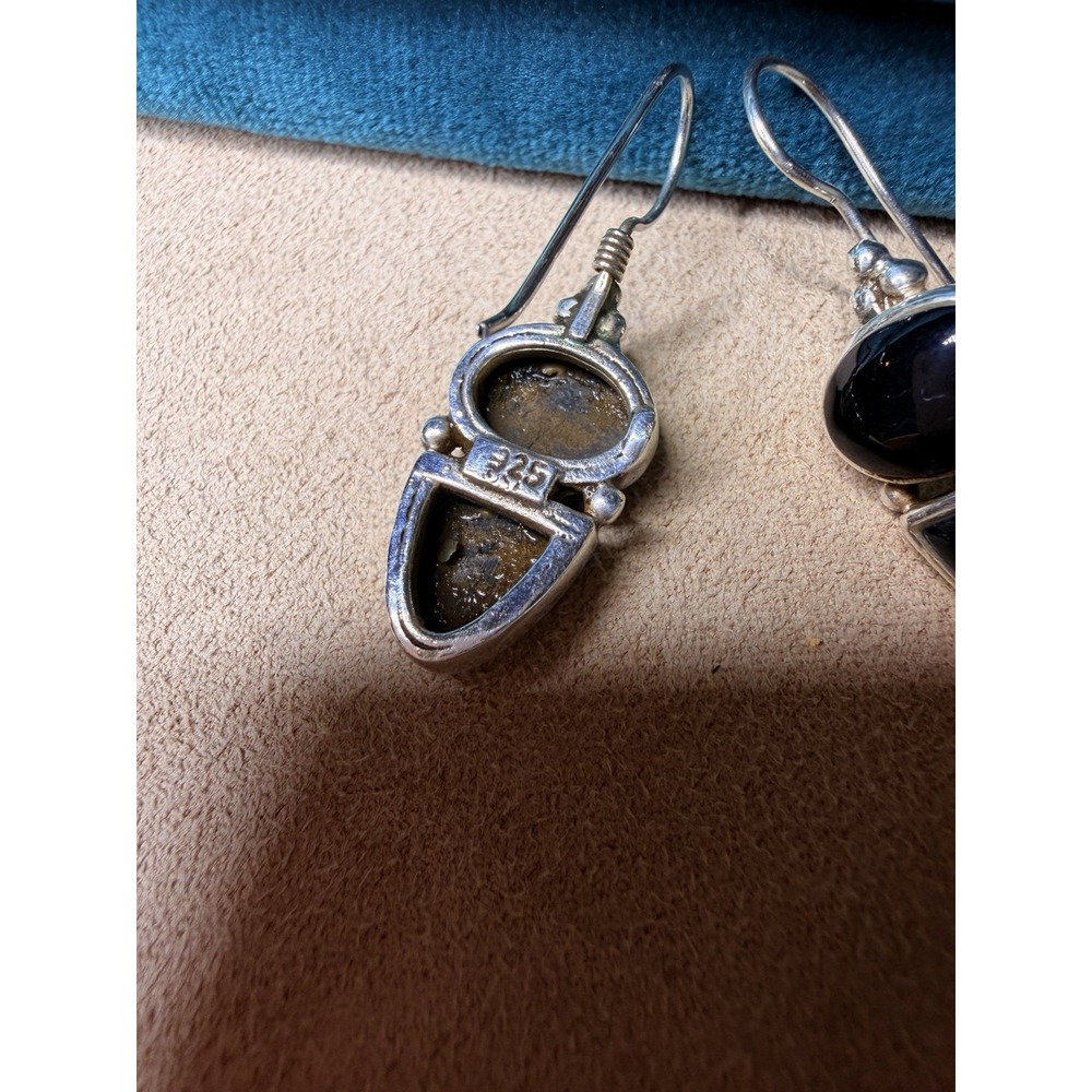 Vintage 925 Sterling Silver Two Stone Black Onyx Dangle Drop Earrings - Picture 4 of 4